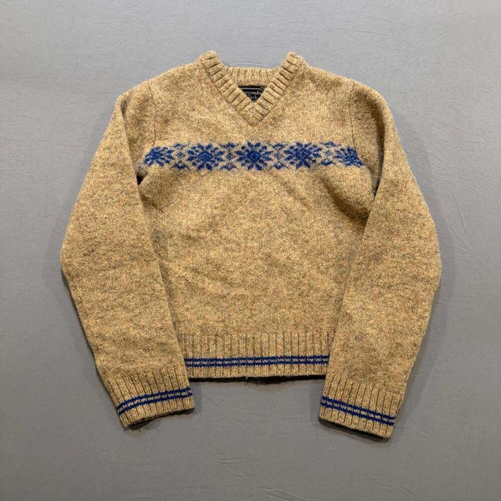 VTG Abercrombie & Fitch 100% Shetland Wool Fair Isle V-Neck Sweater Tan Medium